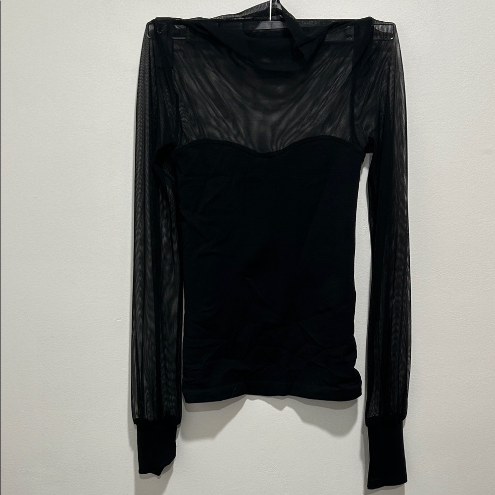 Free People Black Sheer Mesh Long Sleeve Top